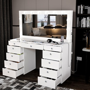 Table de Toilette Coiffeuse Moderne Luxe Grande Blanche en Bois et Verre avec Miroir Éclairé LED et Tiroirs pour <span class=keywords><strong>Chambre</strong></span> - Product Image 2