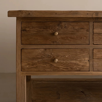 Table de salle à manger en bois massif de style rétro Wabi-Sabi avec comptoir îlot en bois d'ébène, rangement multi-tiroirs et étagère ouverte