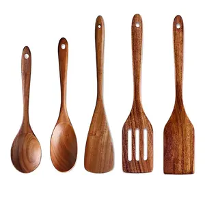 Custom Acacia Wood Utensil Cooking Spatula Set Non Stick Spoon 5 Pcs Best Wooden Spoons For Cooking Kitchen Utensils Set