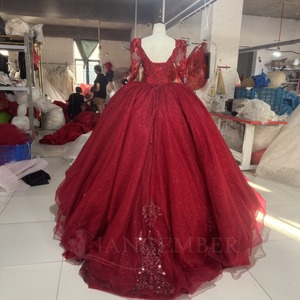 Wx450 <b>Red</b> <b>Glitter</b> Tulle Prom Dress Square Neck Long Sleeve Beaded Lace Ball Gown With Ruffle Hem Jancember - Product Image 2