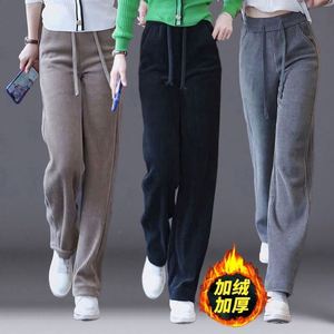 Pantalones casuales de mujer de invierno, transpirables, de pana tejida con estampado por descarga, forro polar grueso de 400g, cintura alta con cordón, pierna ancha larga - Product Image 2