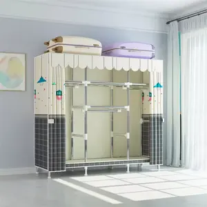 143D便携式衣柜橱柜，带金属织物衣柜，多功能DIY卧室衣柜设计