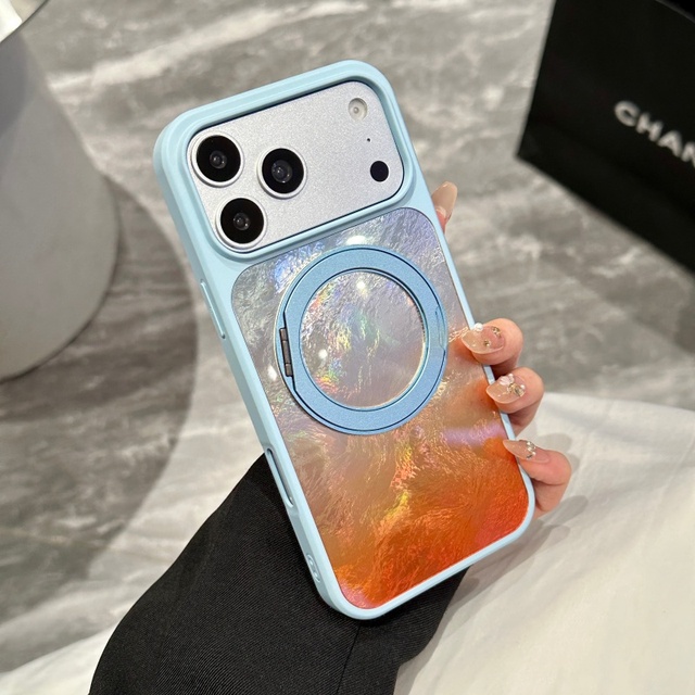 Luxury Gradient Laser Back Panel Magnetic Phone Case for iPhone 17 12 13 14 15 16 Pro Max With 360° Ring Stand Shockproof Cover