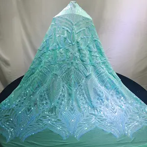 Tela de poliéster con bordado de lentejuelas, último diseño verde de tejido de tul, de lujo, africano, para novia, 2023