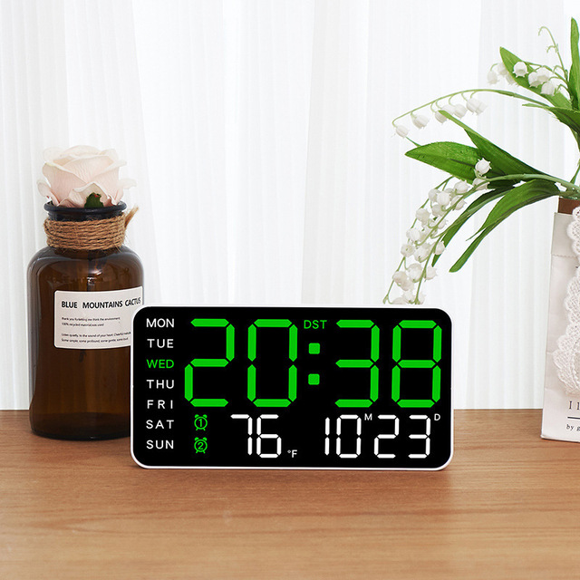 Large Green LED Digital Wall Clock Remote Control Electrical Calendar Day Temperature Single Face for Alarm Clock Plastic