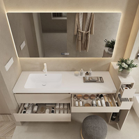 Ensemble de meubles de salle de bain modernes en MDF flottant avec miroir LED, lavabo en céramique et armoires murales de rangement