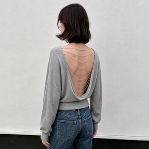 Sexy Grey <b>Sheer</b> Knit Backless Top with Chain Detail Long Sleeve Loose Fit Perspective <b>Cover</b> <b>Up</b> Fashion Casual Blouse - Product Image 3