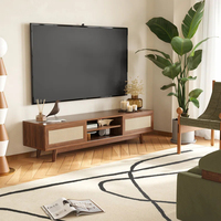 Meuble TV en rotin sur mesure de style Mid-Century, console multimédia moderne en bois, meuble de salon, centre de divertissement, armoire OEM ODM