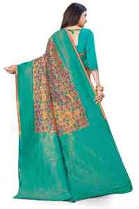 Traditional <b>Green</b> <b>Silk</b> Saree With Floral Print And Golden Border For Wedding And Festival Wear Women - Product Image 2