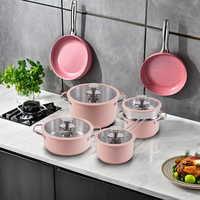 Set Peralatan Masak Stainless Steel Pink Empat Buah Tahan Lama Grosir, Termasuk Panci Susu, Casserole, dan Panci Anti Lengket