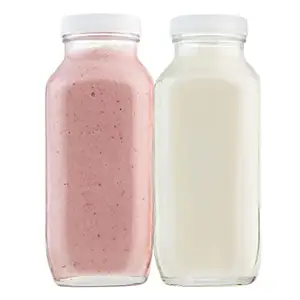 Square Glass Milk Bottle with Plastic Airtight Lids, Reusable Drinking Containers with Measurement Marks, Yogurt, Smoothie
