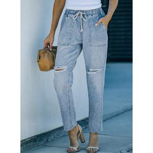 2025 Cargo pantalones de mezclilla azul claro para mujer talla 14 cintura alta cordón elástico Joggers rasgados estilo lápiz transpirable - Product Image 3