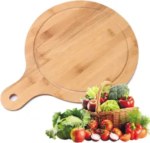 Fba欧美产品带手柄的圆形竹菜板，用于厨房披萨皮桨石板奶酪板