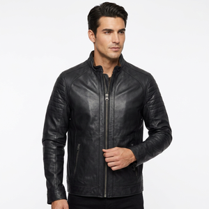<b>Mens</b> Real <b>Black</b> Leather Biker Jacket Stand Collar Quilted Sleeve Sheepskin Coat Zip Front Pockets Slim Tailored Custom Outwear - Product Image 1
