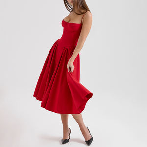 Abito Midi rosso raccolto per donna elegante elegante abito da Cocktail alla moda donna abbigliamento personalizzato fabbrica - Product Image 3