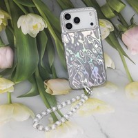 Coque de téléphone à effet vague scintillante avec cadre en strass et cordon perlé pour iPhone 11 12 13 14 15 16 17 Pro Max Samsung Redmi OPPO
