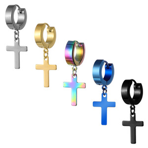 Pendientes con colgante de cruz, aro de acero inoxidable, para hombres y mujeres, diseño geométrico simple, disponible en varios colores - Product Image 1