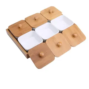 테이블 디저트 전채 간식 서빙 플레이트 접시 세트 도자기 광장 Ramekins 수플레 스낵 접시 서빙 그릇 나무 보드