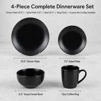 Service de vaisselle moderne en céramique noir mat 4 pièces : assiette plate, assiette à salade, bol à céréales, tasse à café pour restaurant et maison