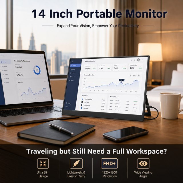 14 Inch USB C Portable Monitor for Laptop 1920x1200 IPS 60Hz External Second Screen with Built-in Kickstand