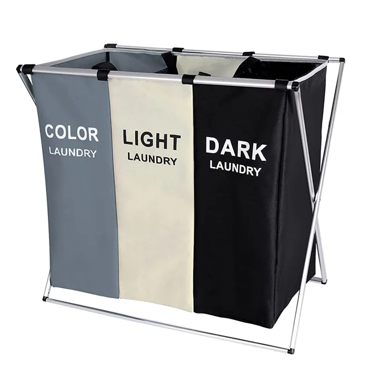 Bathroom home 3 section foldable laundry basket 135L divided laundry dirty cloth hamper bag with aluminum frame