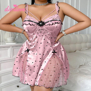Dierlove – Pyjama d'été en satin respirant pour femme, grande taille, imprimé cœurs roses, avec nuisette contrastante à décolleté plongeant, robe sexy en gros - Product Image 3