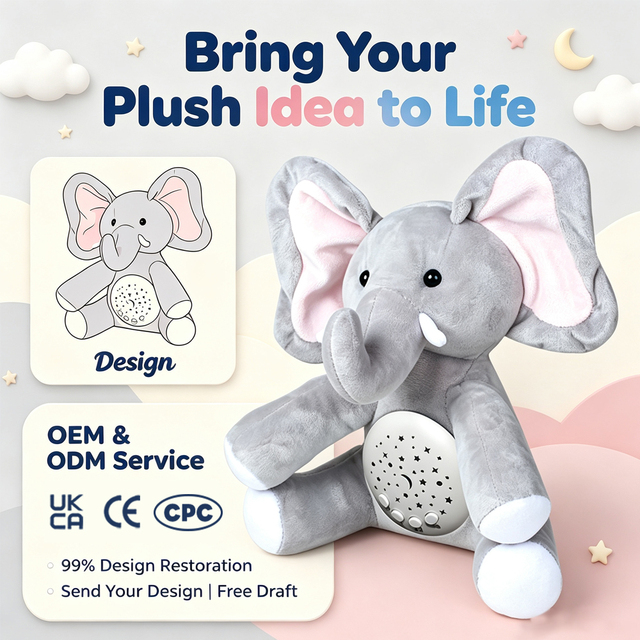 Elephant Star Projection Plush Sleep Toy, 7 Color Night Light 8 Lullabies Nature Sound Baby Soother Toy for Toddler Bedtime Gift