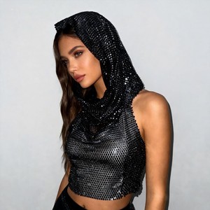 <strong>Women's</strong> <strong>Mesh</strong> Rhinestone Fishnet Club Outfit Beach Bikini Cover Ups Night Out <strong>Shiny</strong> Hoody <strong>Vest</strong> - Product Image 1