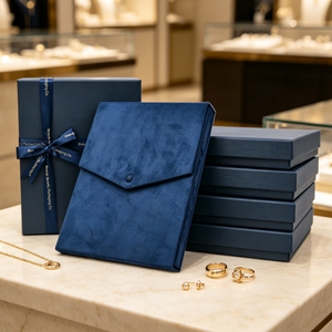 Luxury Navy Blue Jewelry <b>Storage</b> Packaging Set Suede Snap Button Pouch Hard Gift Box With Ribbon for <b>Jewellery</b> Gift Wrapping - Product Image 4