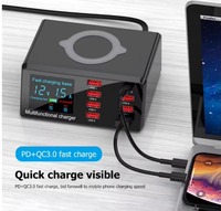 Chargeur USB sans fil 8 ports, station de charge rapide avec affichage LED, compatible avec les téléphones, les ordinateurs portables et les tablettes