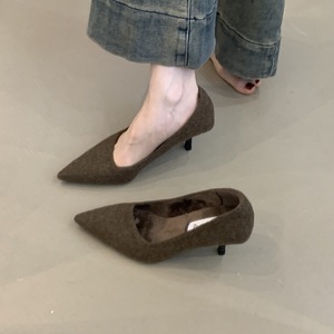 Zapatos de Tacón Alto Grises Estilo Francés para <span class=keywords><strong>Mujer</strong></span>, Otoño 2026, Retro, Parte Superior de Goma, Forro de Felpa Corta Artificial, Sin Cordones, Punta Puntiaguda, Tacón Delgado - Product Image 3