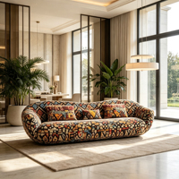Ensemble de canapés incurvés et arrondis, style bohème, motif géométrique ethnique, tissu rembourré, coussins assortis, style loft, canapé spacieux pour salon
