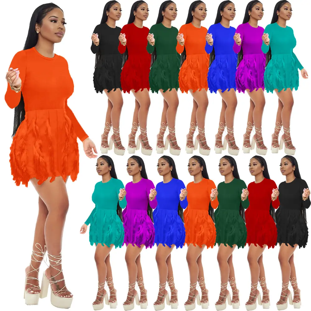 OJW011329 Women Tassel Long Sleeve Bodycon Mini Casual Dresses Crew Neck Party Club Cocktail Short Fringe Dress 2023 for Ladies