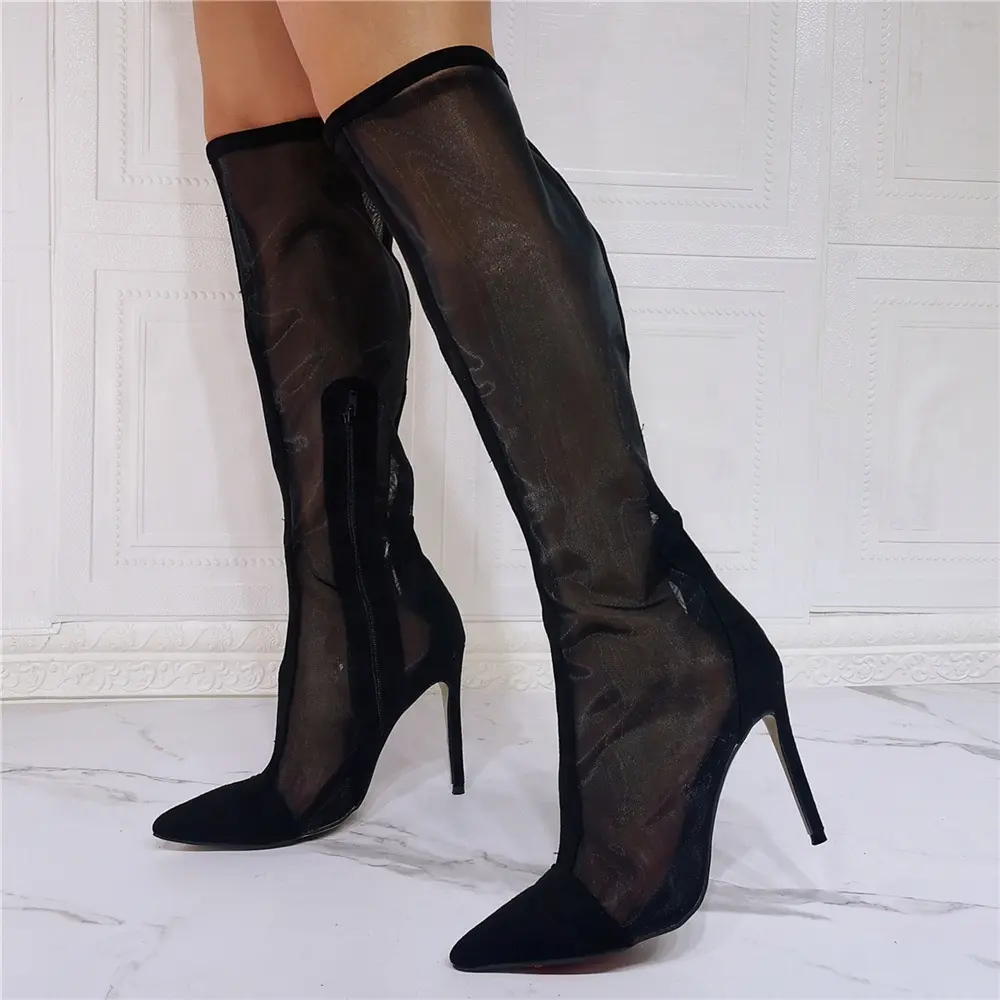 Hot Knee High Stiletto Boots Women's Mesh Upper Wide Big Sizes Shoes Large Fit Calf Summer Booties High Heels