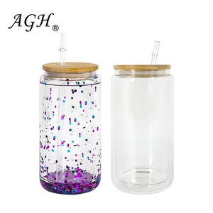 AGH 16oz Sublimation Snow Globe Glass Can Shaped Tumblers with Bamboo Lids  and Straws - 6 Pack, Double Wall Blank Beer Can Clear Glass Ice Coffee Cups