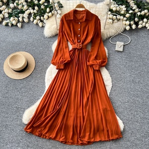 Vestido Casual de Primavera para Mujer, Cuello Camisero, Manga Larga, Color Sólido, Cintura Alta, Corte en A, Vestido Midi Elegante - Product Image 2