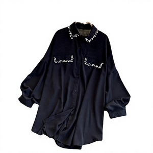 Camisa de Mujer Personalizada Negra de Manga Larga con Botones y Cuentas |   Blusa Holgada de Gasa Lisa con Cuello Vuelto |   Vida Diaria de Verano - Product Image 3