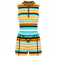 Ensemble deux pièces rétro rayé pour femme : Crop top sans manches à fermeture éclair et short assorti OEM ODM