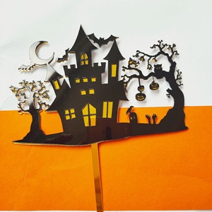 <span class=keywords><strong>Happy</strong></span> Halloween Noir et Jaune Acrylique Château Maison Arbre Démon Cimetière & Toile D'araignée Gâteau Topper pour Halloween Gâteau Décoration - Product Image 1