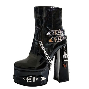 Big Size 47 Women's Metal Chain Side Zipper Ankle <b>Boots</b> Wide Fit High Chunky Heels Shoes Back Rivets Patent Short Booties - Product Image 2