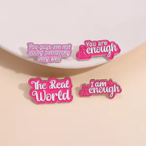 Cartoon Pink Metal Pins Custom Lettering I am K enough Feminist The Real World Soft Enamel Lapel Pins for women girls