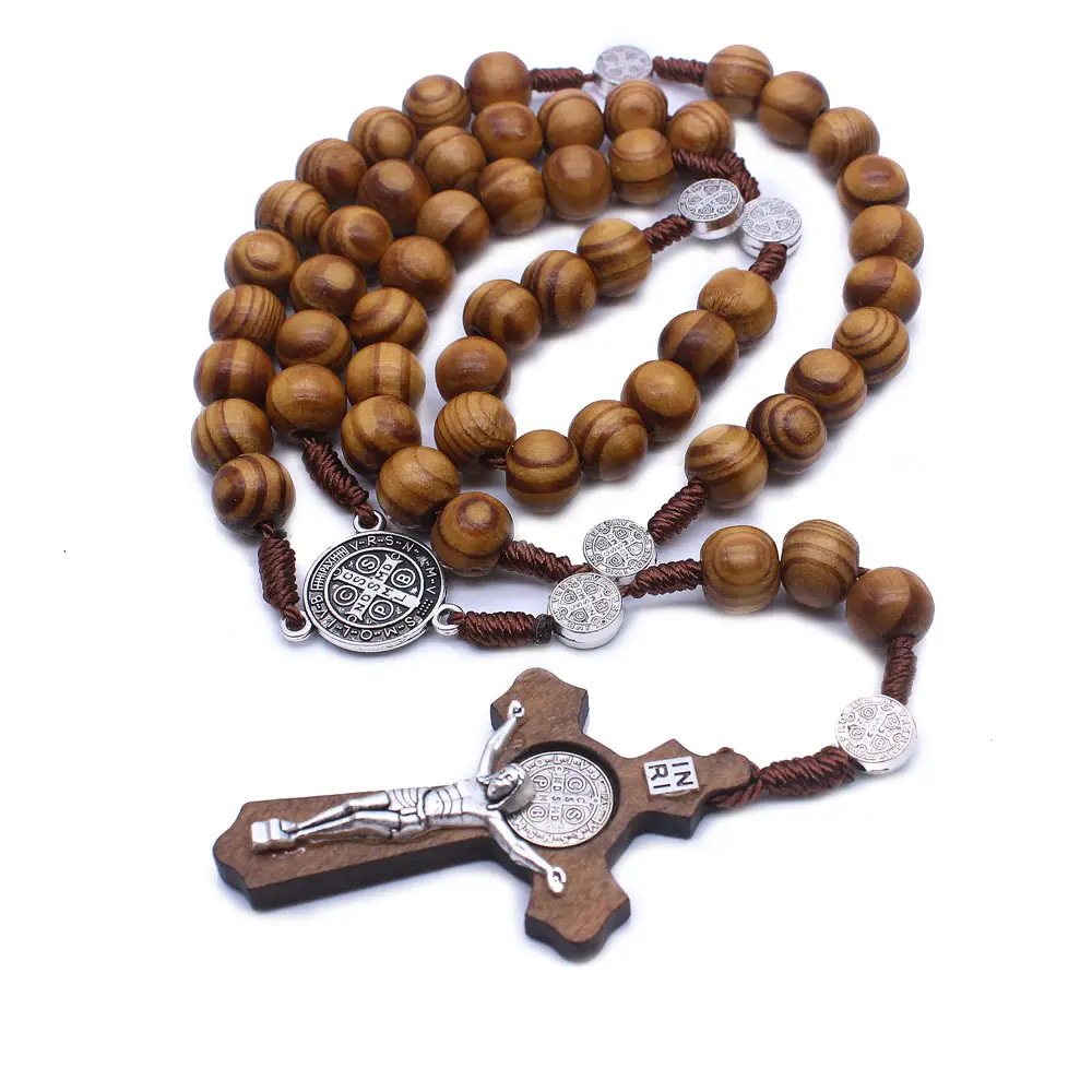 Collar de cuentas de madera católica, Rosario religioso, colgante de la Virgen María, collar de cruz de Jesús