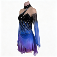 Robe de patinage artistique dégradé noir bleu violet, col montant, manches longues, ornée de strass, costume de danse sur glace pour adultes et enfants