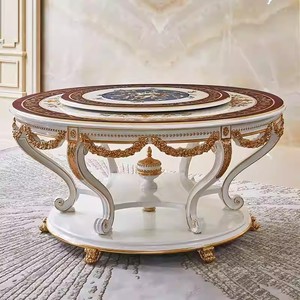 Tavolo <span class=keywords><strong>da</strong></span> <span class=keywords><strong>Pranzo</strong></span> e Sedie in Stile Francese con Intarsi in Conchiglia, Lussuoso Tavolo Rotondo Intagliato Europeo con Ruota Girevole per Villa e Ristorante - Product Image 4
