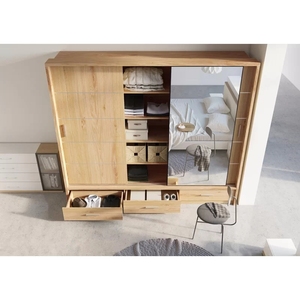 Armoire de chambre robuste avec portes coulissantes miroir, 2 rails suspendus, 6 étagères, 3 tiroirs et éclairage LED en aggloméré pour usage domestique - Product Image 3