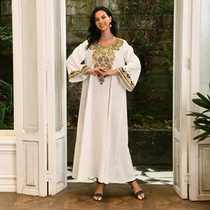 2023 Summer New White For Women Floral Embroidered V Neck Abaya dresses women muslim long abaya kaftan