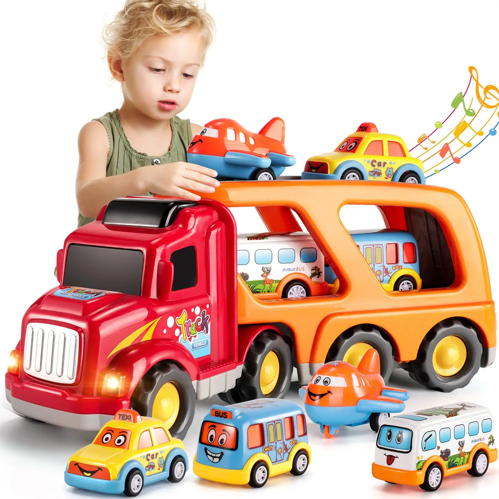 รถขนส่งสำหรับเด็กวัยหัดเดินของเล่น5 in 1สำหรับ3-9ของเล่นรถชุดแรงเสียดทานสำหรับเด็กของขวัญคริสต์มาสที่ดีที่สุด