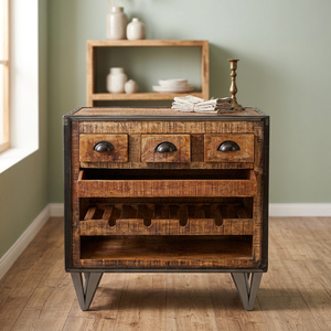 Armoire de rangement de cuisine en bois massif de style industriel vintage avec tiroirs et porte-bouteilles, pieds en métal - Product Image 2