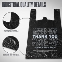 Sacs de courses en plastique noirs pour t-shirts, à soufflets latéraux, impression en héliogravure, avec impression 'Thank You Have Nice Day' blanche, en PEHD, pour emballage de magasin de détail