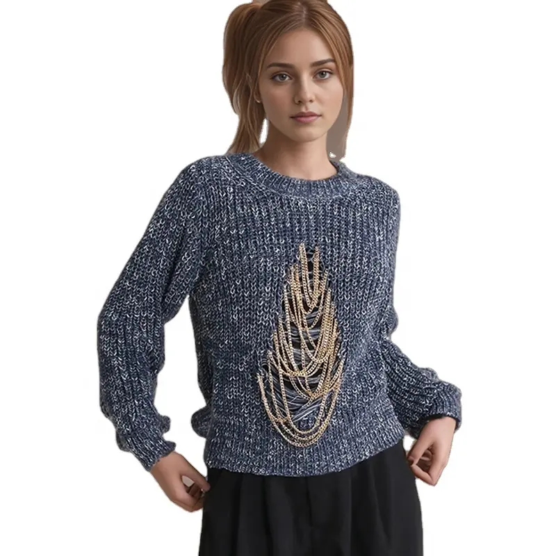 TWOTWINSTYLE Großhandel geflochtene Kette lässige Strickpullover für Damen rundhalsausschnitt lange Ärmel Loch ausgehöhlt Pullover für Damen